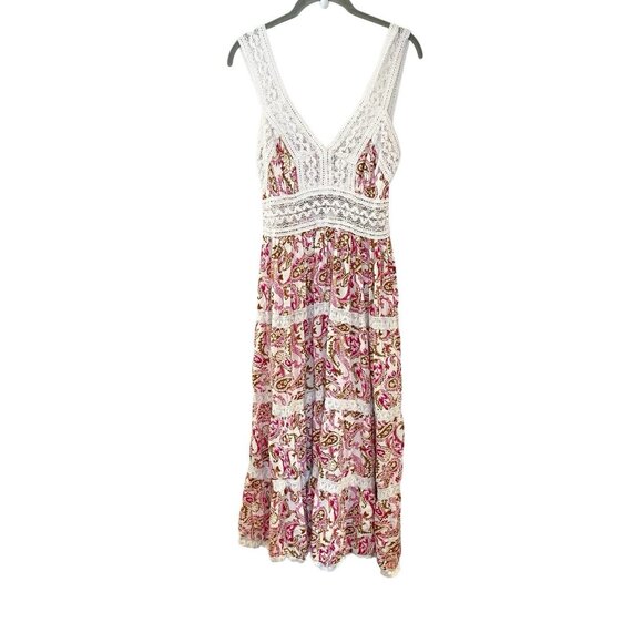 Ethnix Lace Tiered Paisley V-Neck Festival Midi Dress Smocked Boho Cottagecore - Picture 1 of 6